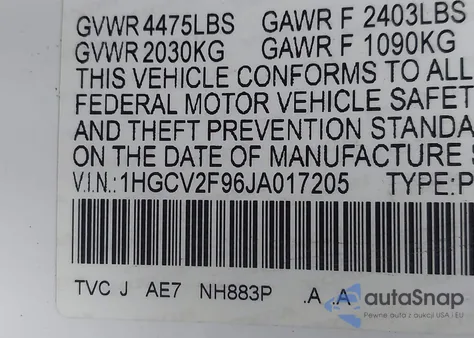 2018 Honda Accord Touring 2.0T from USA, damaged, VIN 1HGCV2F96JA017205